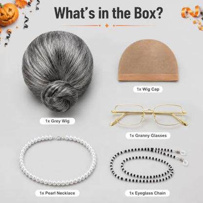 MAQIHAN Grandma Wig Costume Set - Gray Bun Wig with Cap and Glasses | Old Lady Cosplay Accessories with Retainer Chain Pearl Necklace for Party, Funny Comedy Theater and Costume Outfit - color: Grey02