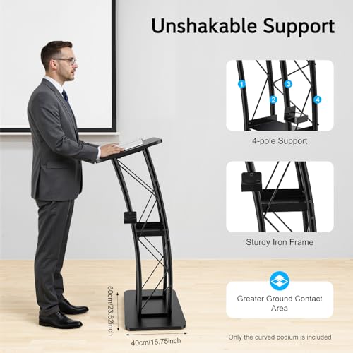 LOYALHEARTDY Black Curved Podium, Truss Metal Pulpit Lectern with A Cup Holder Durable Powder Coat Finish Conference Pulpit Podium for Church School Lectern 47-inch