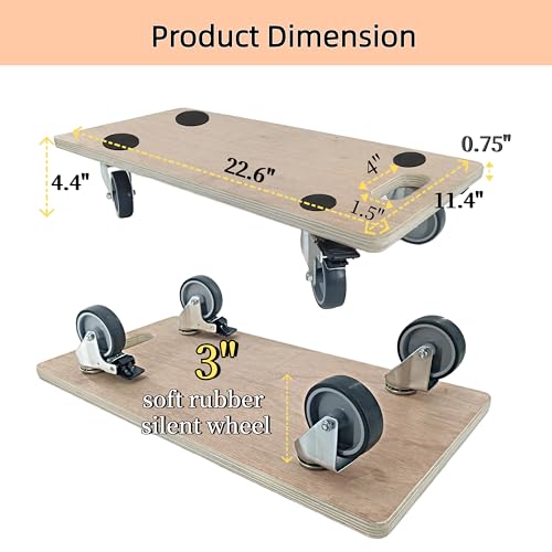 Furniture Dolly 4 Wheels, Furniture Movers, 2 Packs 2200 lb Load Capacity Heavy Duty Real Wood Dolly, Multifunctional Moving cart with 4 Soft Rubber Silent Wheels （2 with Brake+ 2 Without） - size: Real Wood Dolly with Brake Wheels