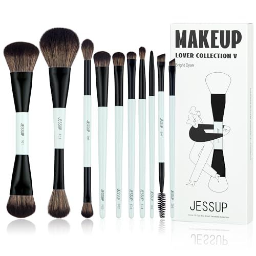 Jessup Makeup Brushes Set 10pcs, Double Sided Foundation Contour Blush Highlight Blending Eyebrow Brush Eyeshadow Eyeliner Concealer Brush, Bright Cyan Cruelty Free Cosmetic Tools T500 - style: 10pcs-T500