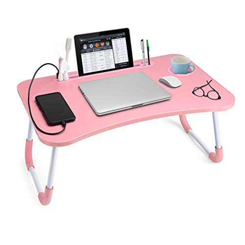 Slendor Foldable Lap Desk with Cup Holder for Bed, Couch, Floor | Portable,with USB Light, Fan, Pen Holder,Tablet Holder,for Laptop,Writing,Eating, Pink - color: Pink