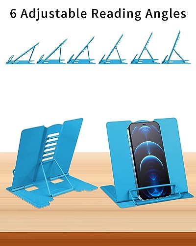 MSDADA Small Desk Book Stand Metal Reading Rest Book Holder | Adjustable Cookbook Documents Holder Portable Sturdy Bookstands for Recipes Textbooks Tablet Music Books(Sky Blue） - color: Sky Blue