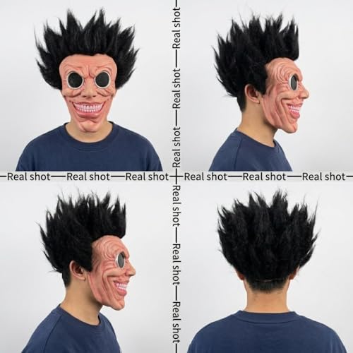 Latex Monster Mask with Black Spiky Hair, Creepy Smile Face Mask for Halloween Cosplay Party and Masquerade, Adult Size