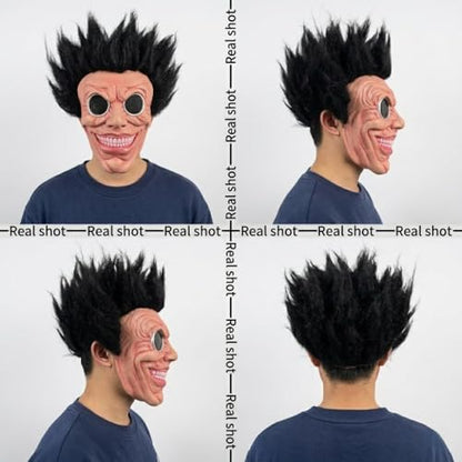 Latex Monster Mask with Black Spiky Hair, Creepy Smile Face Mask for Halloween Cosplay Party and Masquerade, Adult Size