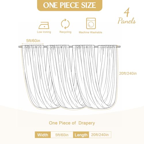 20x20 ft White Ceiling Drapes for Wedding – 4 Panels 5x20 ft Ceiling Curtains Polyester Backdrop Drapes with Double Rod Pockets, Reusable Ceiling Draping Fabric for Wedding Party Canopy Decorations - size: 60"W x 240"L (Pack of 4)