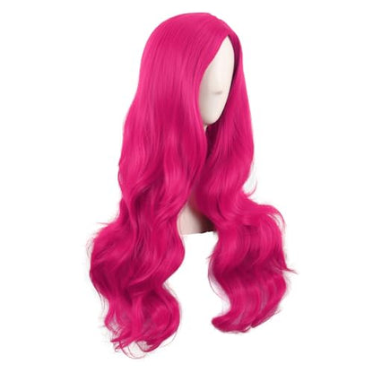 MapofBeauty 28 Inch Long Wavy Curly Side Bangs Party Hair Wig, Hot Pink | Synthetic fiber, 70 cm Cosplay Wig, Fashion - color: Hot Pink