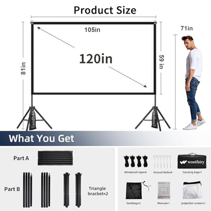 Wootfairy 120inch Projector Screen with Stand Portable Indoor Outdoor Use | Foldable Anti-Crease 16:9 4K HD Front Rear Washable Projection Movie Screen with Carry Bag for Home Theater Backyard Camping - size: 120 inch-25mm