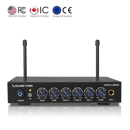 Sound Town 100 Channels Wireless Microphone Karaoke Mixer System with 2 Metal Handheld Microphones, Optical (Toslink), AUX, for Smart TV, Home Theater, Sound Bar (SWM16-2MEGA) - color: Black & Gray