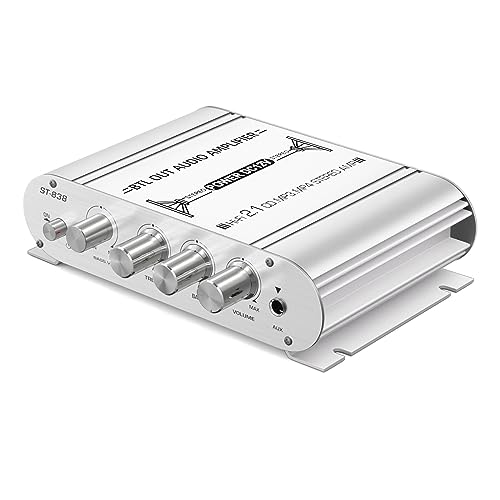 Facmogu ST-838 2.1CH Audio Power Amplifier, RMS 20Wx2+40W Class D Stereo Digital Audio Amp with Subwoofer Output, 80W Mini Subwoofer Amplifier Audio Stereo Bass Amp with DC12V Power Adapter - Silver - color: ST-838 Silver (20Wx2 + Passive Subwoofer)