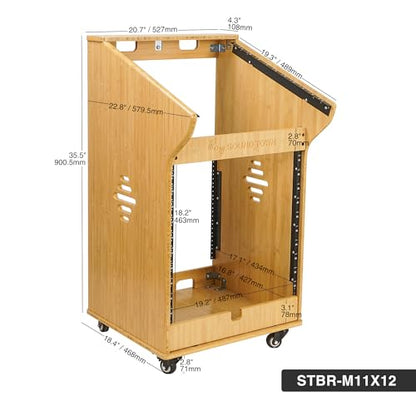 Sound Town DIY Solid Carbonized Bamboo Studio Rack with 11U Slant Mixer Top, 10U Front Rack, 2U Bottom Storage, Casters, Rubber Feet, for Recording Room, PA/DJ Equipment, Home-Audio (STBR-M11X12) - size: 12U w/ Mixer Top, 2U Drawer