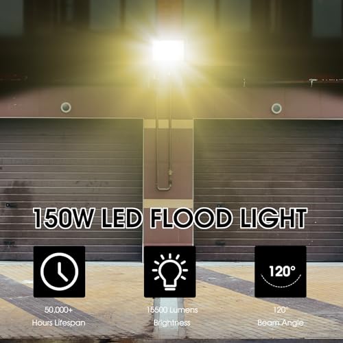 YANYCN 2 Pack 150W 3000K Led Flood Lights Outdoor,Warm White Super Bright 15500LM Security Lights with Plug,Exterior IP66 Waterproof FloodLight for Basketball Court, Yard, Garden, Playground - color: 3000K 150W led flood light 2 pack