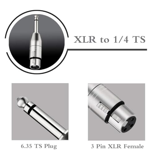Unbalanced XLR Female to 1/4 Inch TS Mono Male Adapter, 2 Pack | Nickel-Plated Metal Housing with EMI/RFI Shielding, Low-Noise Signal Transmission for Mixer, Microphone & Amplifier - style: 1/4 inch TS Mono Male to XLR Female Adapter