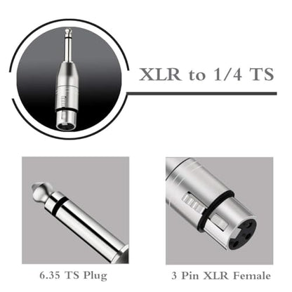 Unbalanced XLR Female to 1/4 Inch TS Mono Male Adapter, 2 Pack | Nickel-Plated Metal Housing with EMI/RFI Shielding, Low-Noise Signal Transmission for Mixer, Microphone & Amplifier - style: 1/4 inch TS Mono Male to XLR Female Adapter