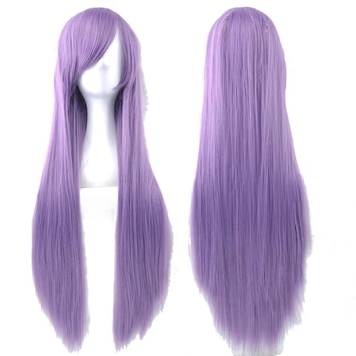 80cm Long Straight Natural Hair Cosplay Wigs with Bangs Colorful Halloween Costume Party Wig for Women (Purple) - color: Purple