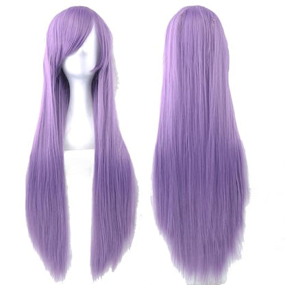 80cm Long Straight Natural Hair Cosplay Wigs with Bangs Colorful Halloween Costume Party Wig for Women (Purple) - color: Purple