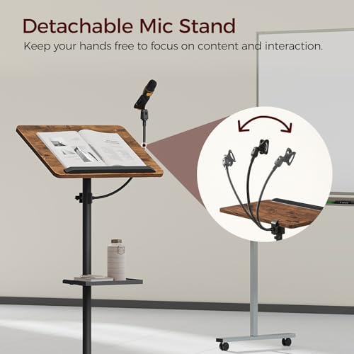 MAHANCRIS Podium Stand with Microphone Stand, Mobile Lectern and Laptop Desk with Storage Tray, 28.9-42.7 Inch Adjustable Height Portable Podium for Classroom, Conference Room, Rustic Brown LPHR4001 - color: Rustic Brown