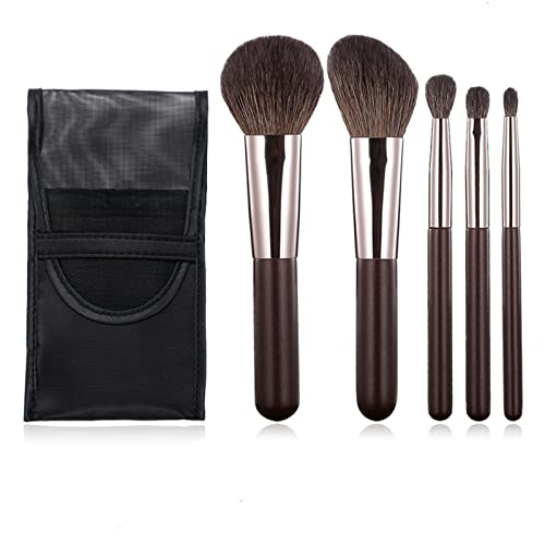 Travel Makeup Brushes Set w/Pouch, Portable 5PCS Professional Premium Goat Hair Cosmetic Brushes Kit for Powder Blush Concealers Contouring Highlighting