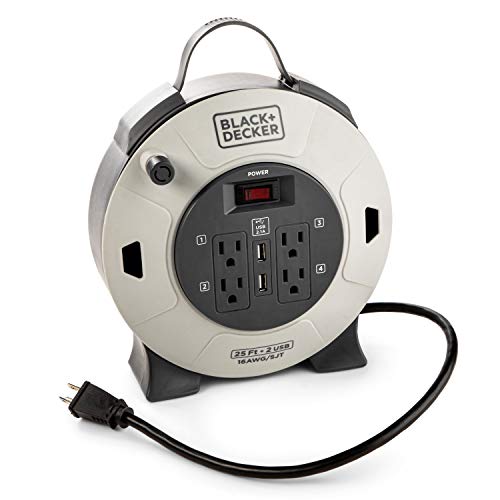 BLACK+DECKER 25 Ft. Retractable Extension Cord Reel, 4 Outlets, 2 USB Ports | 16 AWG SJT cable, multi-plug design, on/off switch, heavy-duty construction - size: 25 ft