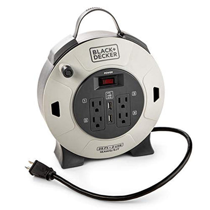 BLACK+DECKER 25 Ft. Retractable Extension Cord Reel, 4 Outlets, 2 USB Ports | 16 AWG SJT cable, multi-plug design, on/off switch, heavy-duty construction - size: 25 ft