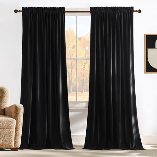 NICETOWN Black Out Velvet Curtains 98 inch Long Rod Pocket Drapes - color: Black Series - Black, size: 52"W x 98"L (Pack of 2)