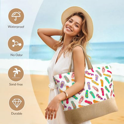 Trifabricy Beach Bags for Women,Waterproof Straw Beach Tote Bag With Zipper - color: Slippers