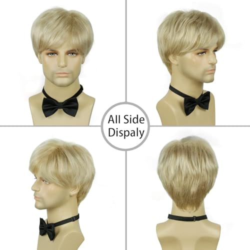 Mens Blonde Wig,Short Straight Natural Hair Synthetic Full Wig for Man Men Guy Cosplay Anime Party Costume Anime Men's Wigs - color: Blonde