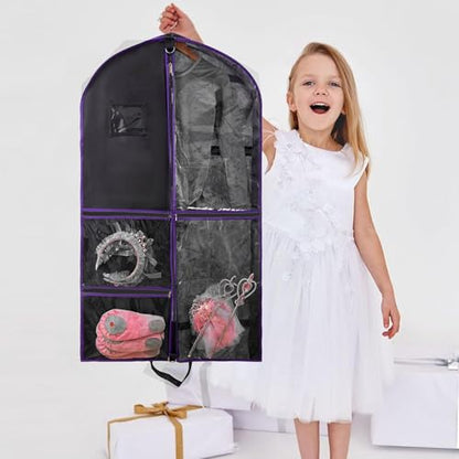 Garment Bags for Travel,Fabric Garment Bag with Pockets,Non-Woven Clothes Dance Costumes Covers And Mens Suit Pocket,40x24x3 Inch Dress Carry Storage,Large Garments Coat Protector (Black,Purple) - color: Black/Purple