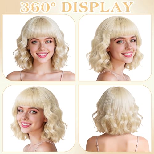 Blonde Wavy Bob Wig with Bangs Heart Sunglasses for Women, Funny Hair Replacement Curly Bob Synthetic Wigs with Hair Cap for Cosplay Costume Bachelorette 80s Retro Party Birthday Fancy Dress - color: Blonde