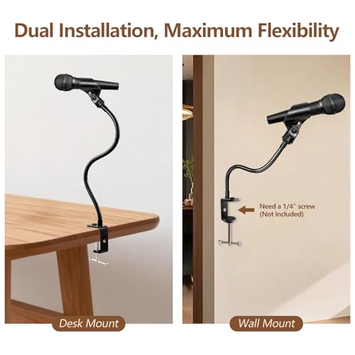 BILIONE 2 In 1 Gooseneck Mic Stand with Phone Clip, 13 Inch Flexible Mic Arm Desk Mount for Podium, Lecture, Podcast, Studio, Microphone Holder Compatible with Shure SM58, Beta 58A, Samson Q2U