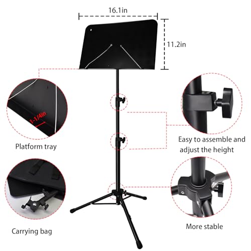 Sheet Music Stand with Light and Phone Holder, 57" Portable Music Stand for Sheet Music High Stability, Height Adjustable Music Stands with Carrying Bag(33-57inch, Plate without hole) - size: 33inch-57inch, Plate