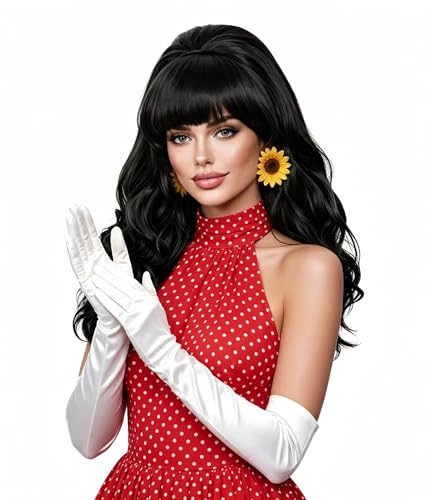 Rugelyss Long Wavy Black Wig with Bang Big Bouffant Beehive Wigs for Women fits 80s Costume or Halloween Party - color: black