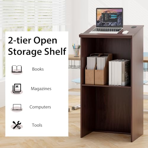 Tangkula Floor Standing Podium, Wooden Speaking Lectern Hostess Stand with 2-Tier Shelves & Dual Cable Holes, Standing Lectern Desk for Meeting Room, School, Churches, Auditorium, Classroom