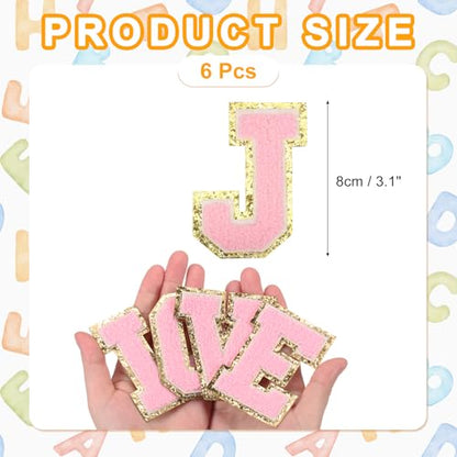 MECCANIXITY Chenille Letter Patches 3.1" Alphabet J Iron on Embroidered Patch Sew on Letter Stickers Applique for Repairing Clothing Jeans Shoes Hats DIY(Pink, Pack of 6) - style: Letter-J