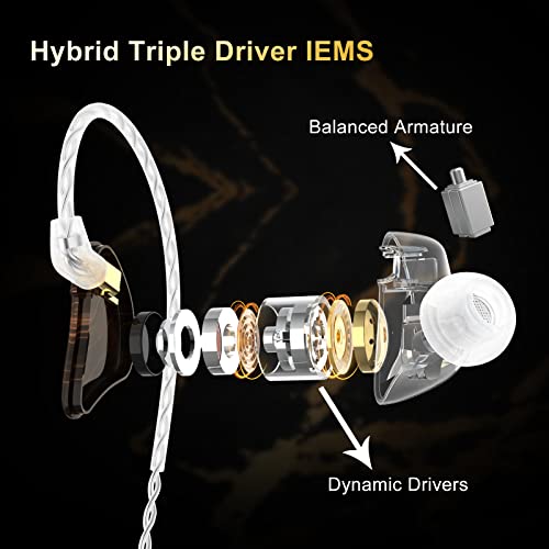 BASN MMCX in Ear Monitor,Triple Driver Musician IEM Headphone,Gold Obsidian | Hybrid 2DD+1BA Driver Drummer Earphone with Powerful Bass,Secure Over-ear Design,4.9ft Detachable Silver-plated & Mic Cables - color: Golden Obsidian