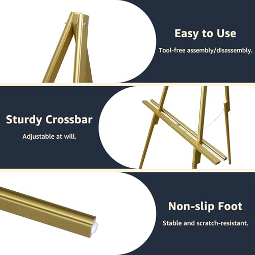 NianFeng Wooden Easel Stand for Sign, Easel Display Stand Floor for Wedding Sign with Adjustable Tray, 63-Inch, Tripod A-Frame Poster Light Duty, Welcome, Art Show & Baby Shower (Golden) - color: Golden