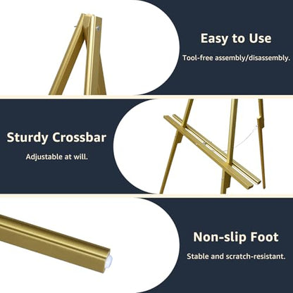 NianFeng Wooden Easel Stand for Sign, Easel Display Stand Floor for Wedding Sign with Adjustable Tray, 63-Inch, Tripod A-Frame Poster Light Duty, Welcome, Art Show & Baby Shower (Golden) - color: Golden