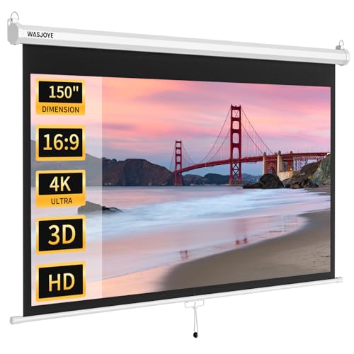 150'' Projector Screen Manual Pull Down with Auto Locking - 16:9 HD 4K 3D | Retractable Projection Screen 4K Projector Screen Anti-Crease for Home Theater Cinema Office Education Presentation - size: 150 Inch