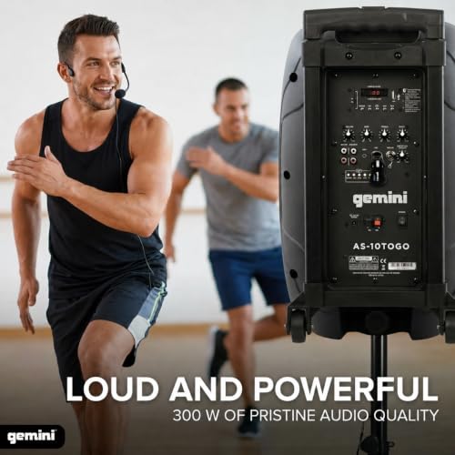 Gemini 10" Battery Bluetooth PA Speaker, 300 Watts (AS-10TOGO) | Battery PA with wheels, up to 10 hr - Bluetooth, USB, SD, FM, AUX - mic & guitar inputs, onboard EQ - size: 10 in