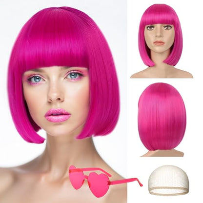 LIULIUBTY Short Bob Hair Wigs Straight with Flat Bangs Synthetic Colorful Cosplay Daily Party Neon Wig for Women with Wig Cap 12" Natural As Real (Hot Pink B) - color: Hot Pink B