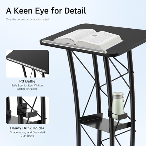 LOYALHEARTDY Black Curved Podium, Truss Metal Pulpit Lectern with A Cup Holder Durable Powder Coat Finish Conference Pulpit Podium for Church School Lectern 47-inch