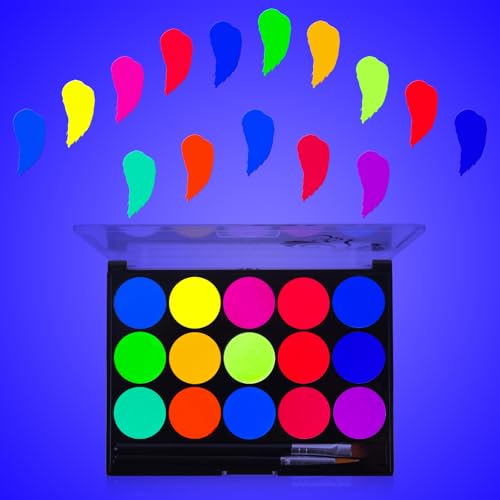 MEICOLY UV Blacklight Face Paint,15 Bright Colors Neon Fluorescent Body Painting Palette,Water Activated Eyeliner,Water Based Makeup Glow In The Dark Halloween Washable for Kids Adult Body Paint - color: 15 colors uv blacklight face paint