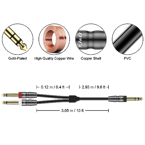 J&D 1/4 Inch TRS to Dual TS Cable, Gold Plated 6.35mm Stereo Male to 2 Mono Male Y Splitter Breakout Adapter for Audio Interface, Mixer, Studio Equipment, 10 Feet - size: 10 Feet
