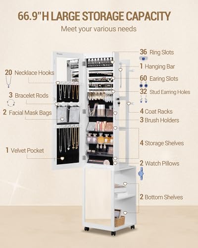 Hzuaneri 8 LEDs Jewelry Cabinet Armoire, 66.9-inch Jewelry Organizer - color: White and Black