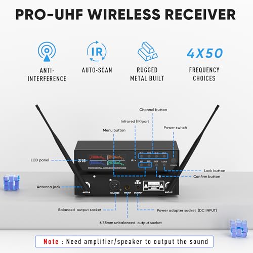 Wireless Microphone System, Pro 4 Channel UHF Mics Set with Metal Cordless Handheld Mics & Receiver, 200 Adjustable Frequency, 300ft Range for Singing, Church, Karaoke, Party - size: 4 Mics
