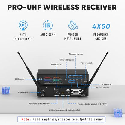 Wireless Microphone System, Pro 4 Channel UHF Mics Set with Metal Cordless Handheld Mics & Receiver, 200 Adjustable Frequency, 300ft Range for Singing, Church, Karaoke, Party - size: 4 Mics