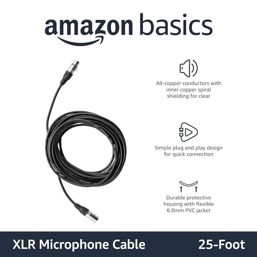 Amazon Basics 2-Pack XLR Male to Female Microphone Cable for Speaker or PA System, All Copper Conductors, 6MM PVC Jacket, 25 Foot, Black - size: 25 Feet, style: 2-Pack