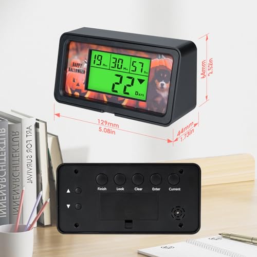 9999-Day Countdown Clock with 10 Cards for Wedding and Vacation | Shows total days, hours, minutes and seconds; 10 swappable paper themes, magnetic frame, 12/24-hour clock, 1-minute alert - color: Black Case, Green Light