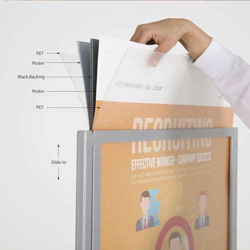 M&T Displays Metal Eco Info Board, Silver 18x24 Inches Slide-In Poster Sign Holder 2 Tier Double Sided Floor Standing Pedestal Advertising Display with Backing and Anti-Glare Lens - color: Silver, size: 18x24 - 2-tier