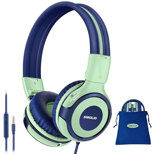 SIMOLIO Manyshare Series- Wired Kids Headphones with Mic for Tablet iPad Laptop, Volume Limit Headphones for Kids with Share Port for Boys Girls, Durable Green Headset for Travel Airplane Game School - color: Green