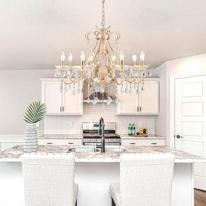 Saint Mossi Gold Crystal Chandelier for Dining Room, 8-Light Modern Chandelier Pendant Light, Gold Crystal Raindrop Chandelier for Bedroom, Living Room, Foyer - color: French Gold 8-Light